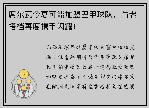 席尔瓦今夏可能加盟巴甲球队，与老搭档再度携手闪耀！